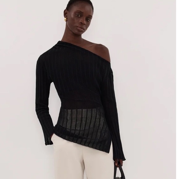 DISSH Tops - DISSH Bowie Black Long Sleeve Knit Top Off Shoulder Sheer Ribbed DUF04120BK.600